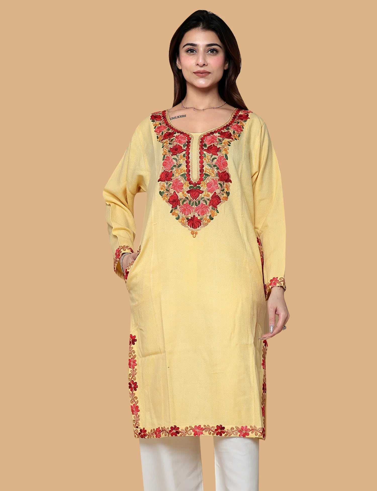 YELLOW KASHMIRI WOOLEN PHIRAN