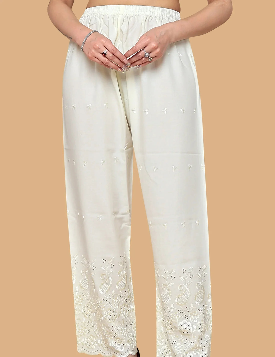 Cream Cotton Palazzo with Embroidery