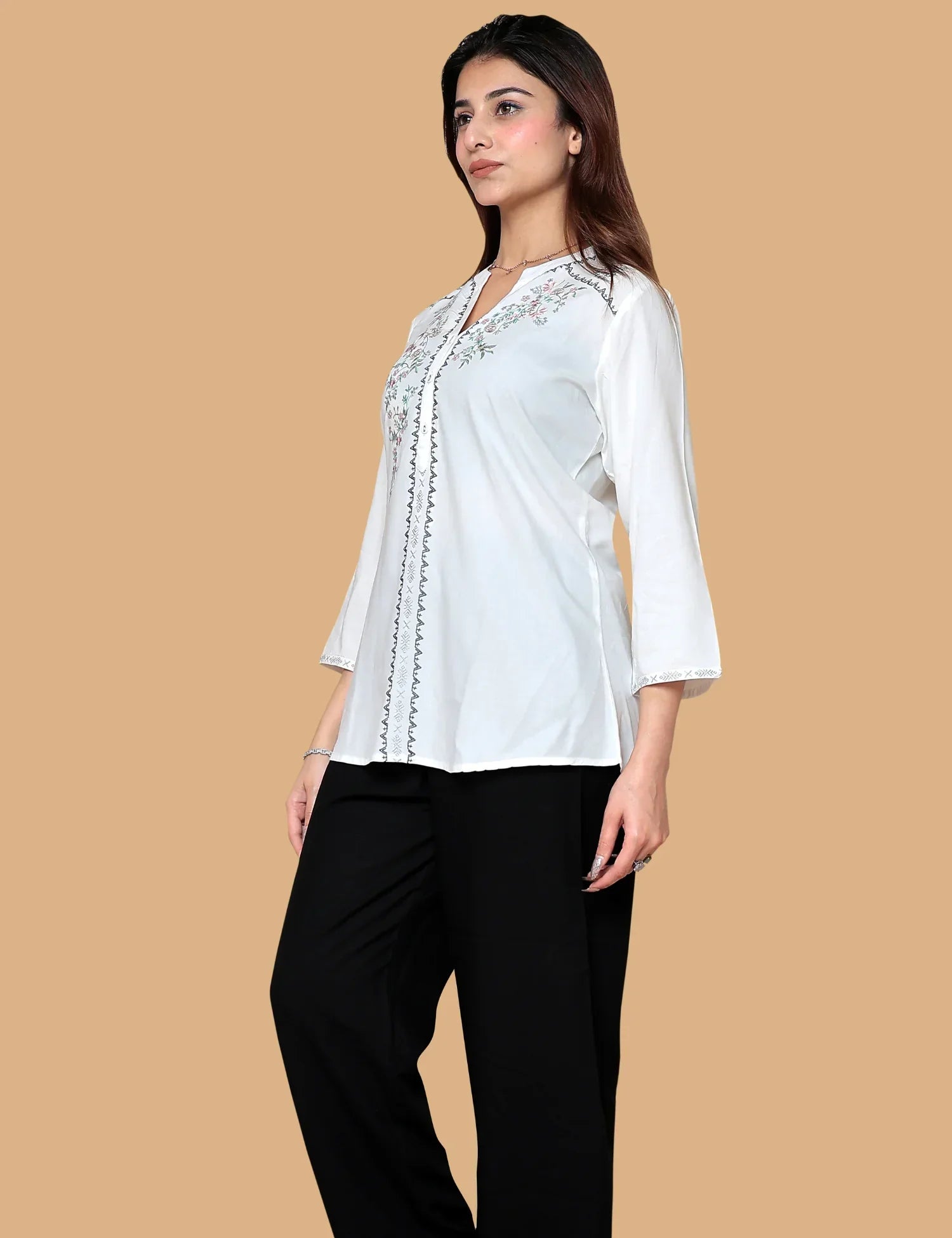 WHITE EMBROIDERY COTTON SHORT KURTI