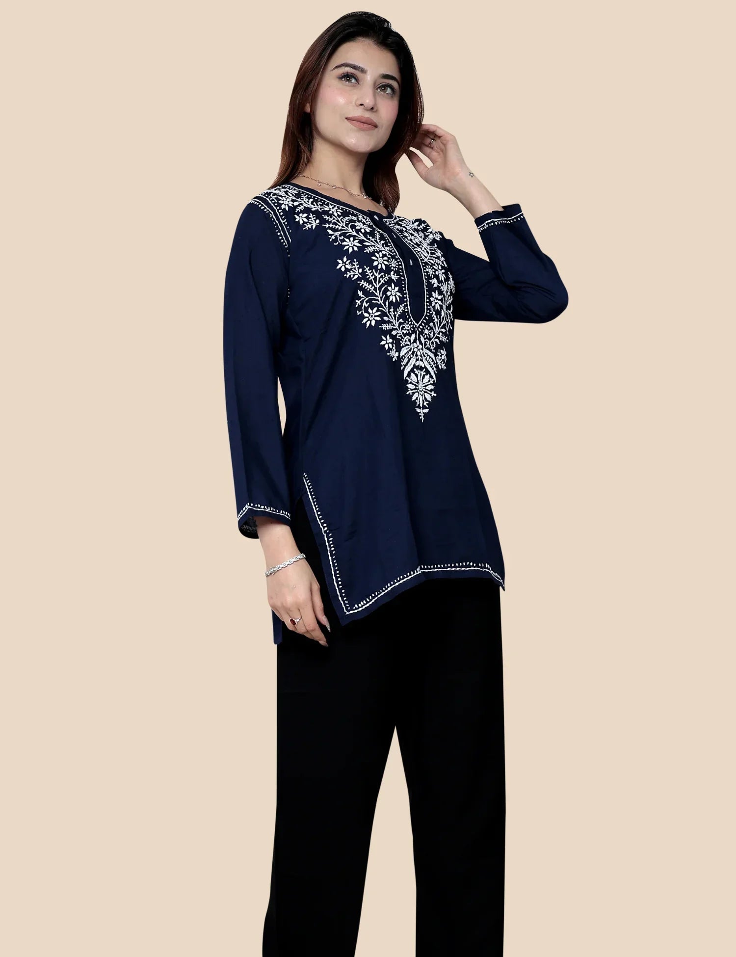 ELEGENT NAVY BLUE SHORT EMBROIDERED KURTI