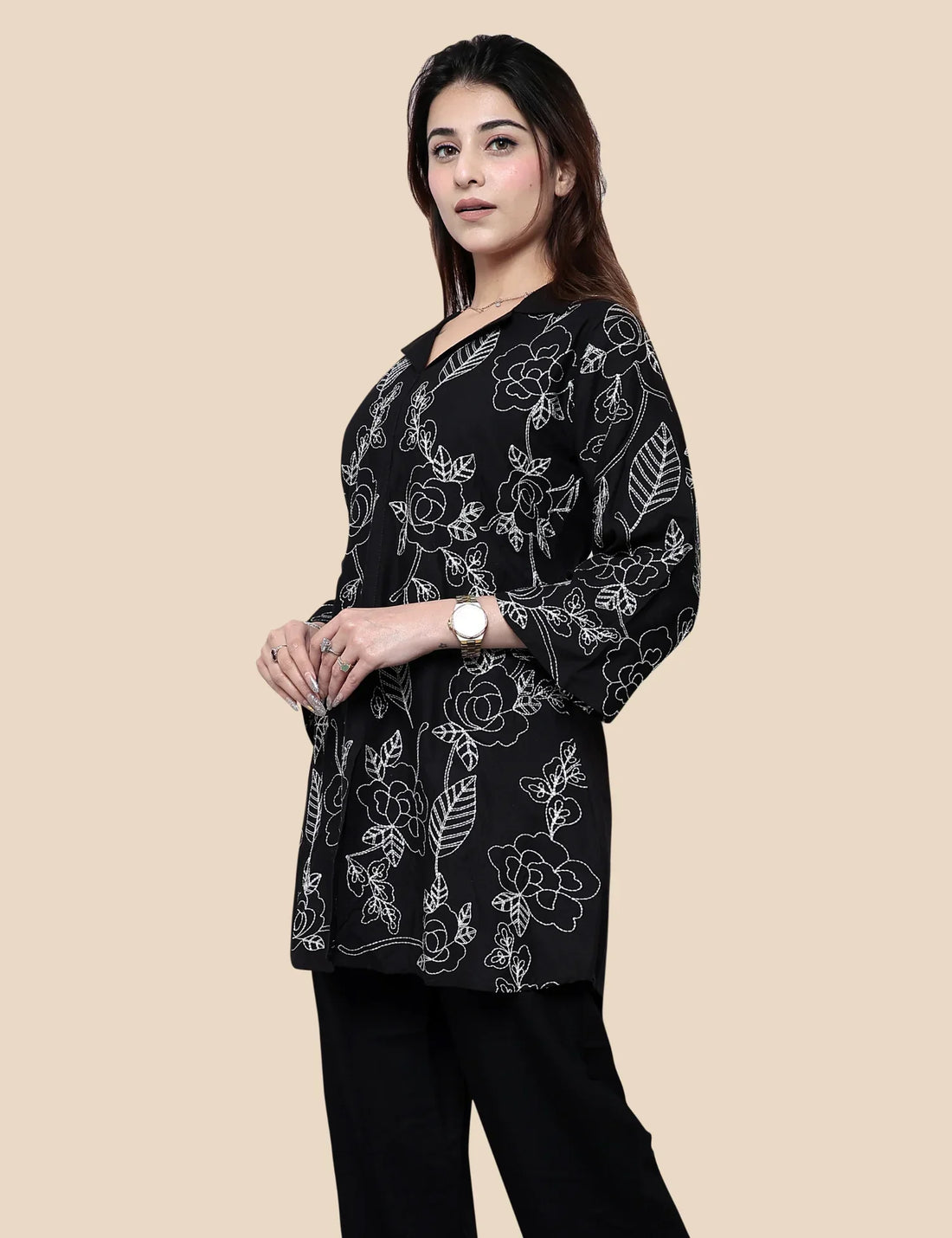 Black Embroidered Cotton Short Kurti with Collar