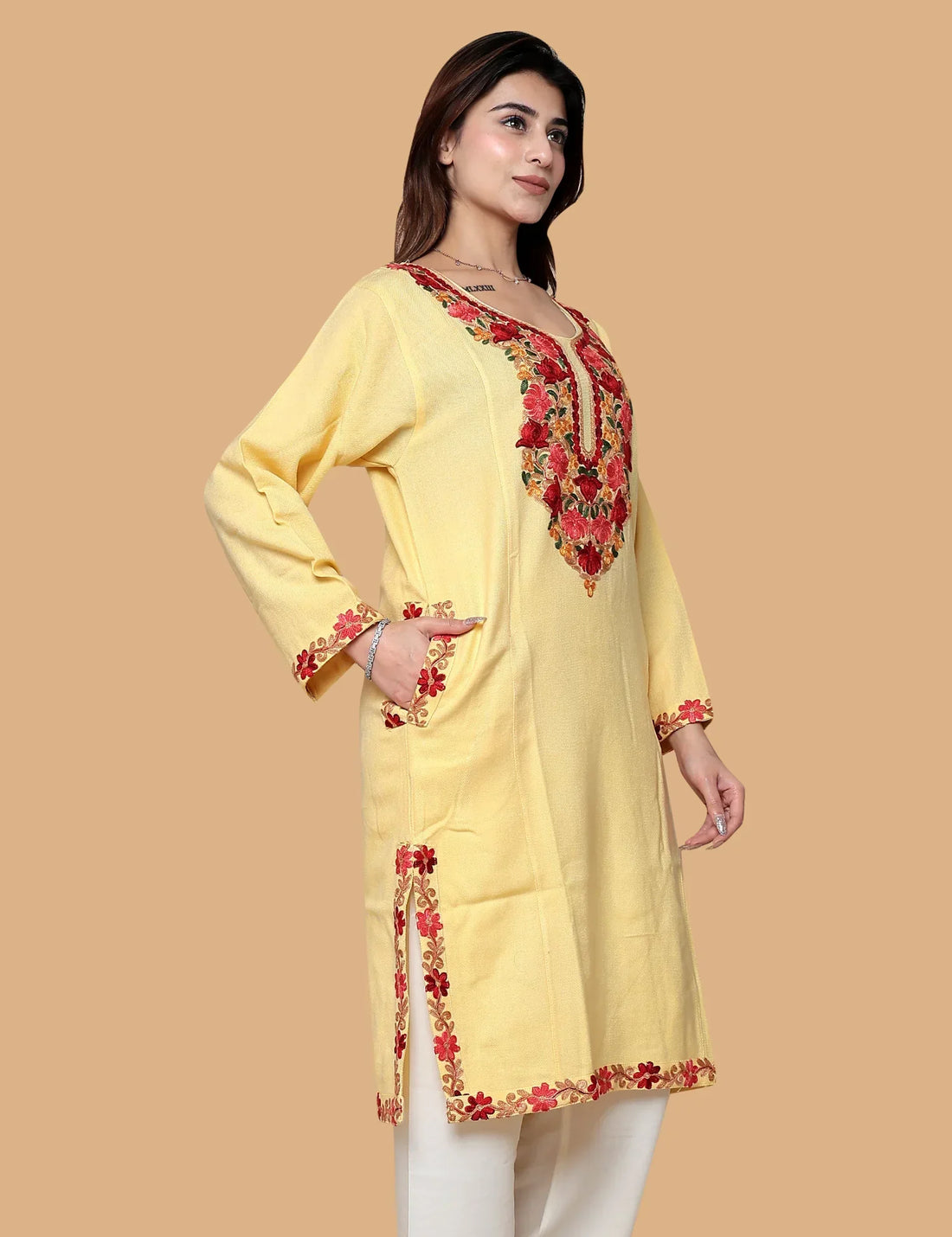 YELLOW KASHMIRI WOOLEN PHIRAN