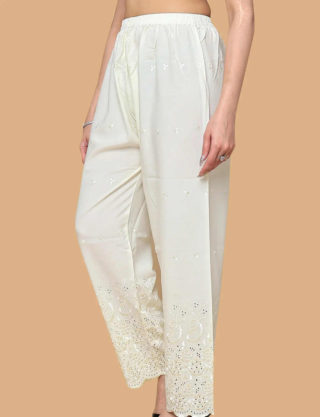 Cream Cotton Palazzo with Embroidery