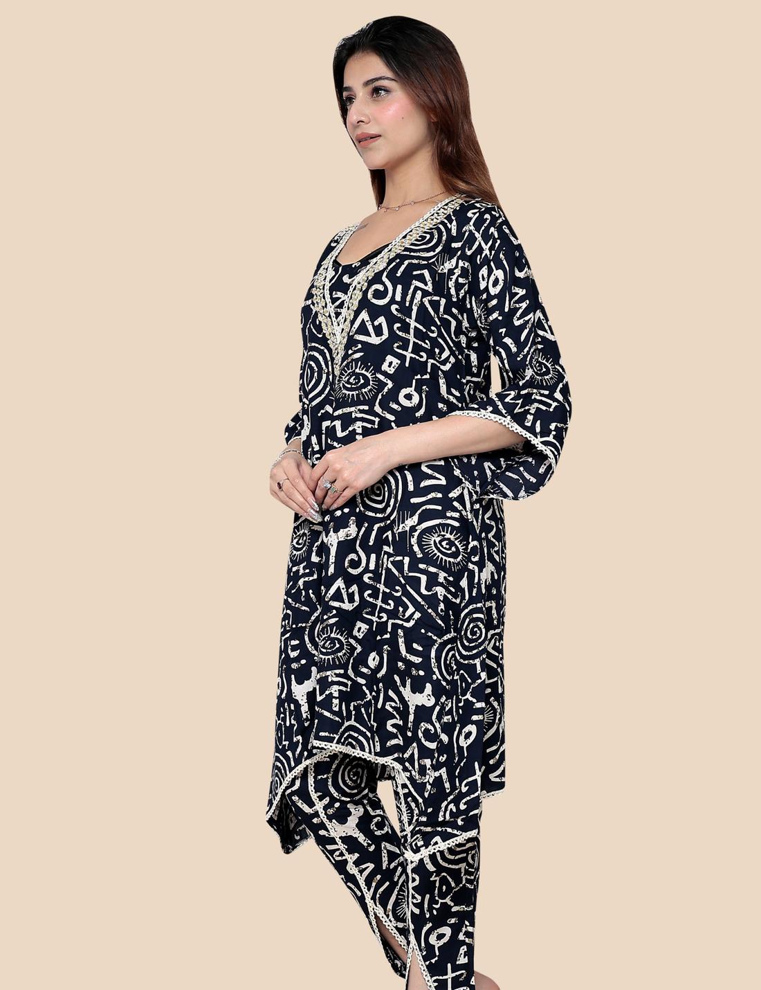 CO ORD SET LONG KURTI PRINTED  WITH GLASS EMB.