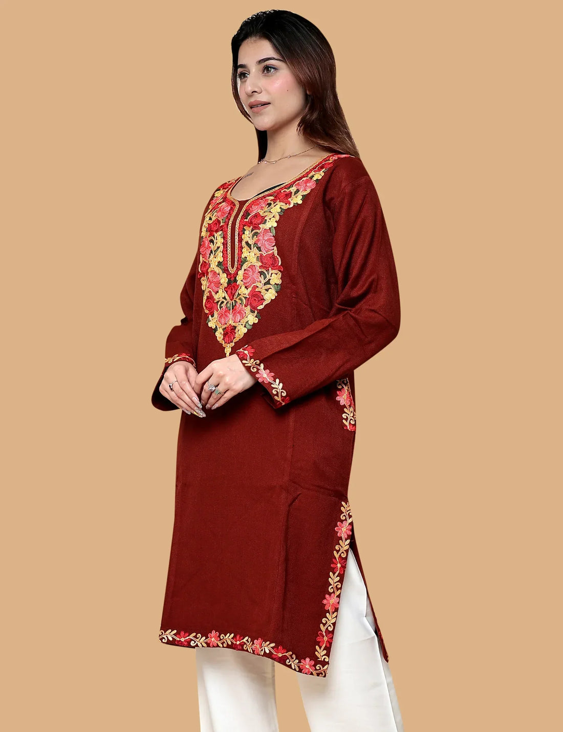 RED WOOLEN PHIRAN WITH KASHMARI AARI EMBROIERY