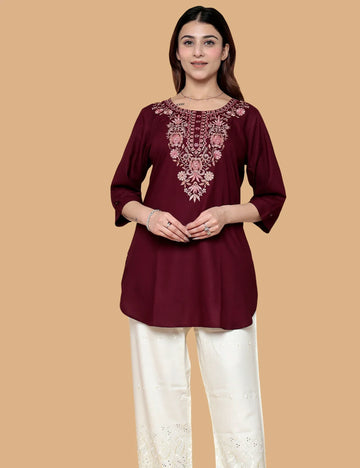 RED PRINTED SHORT KURTI