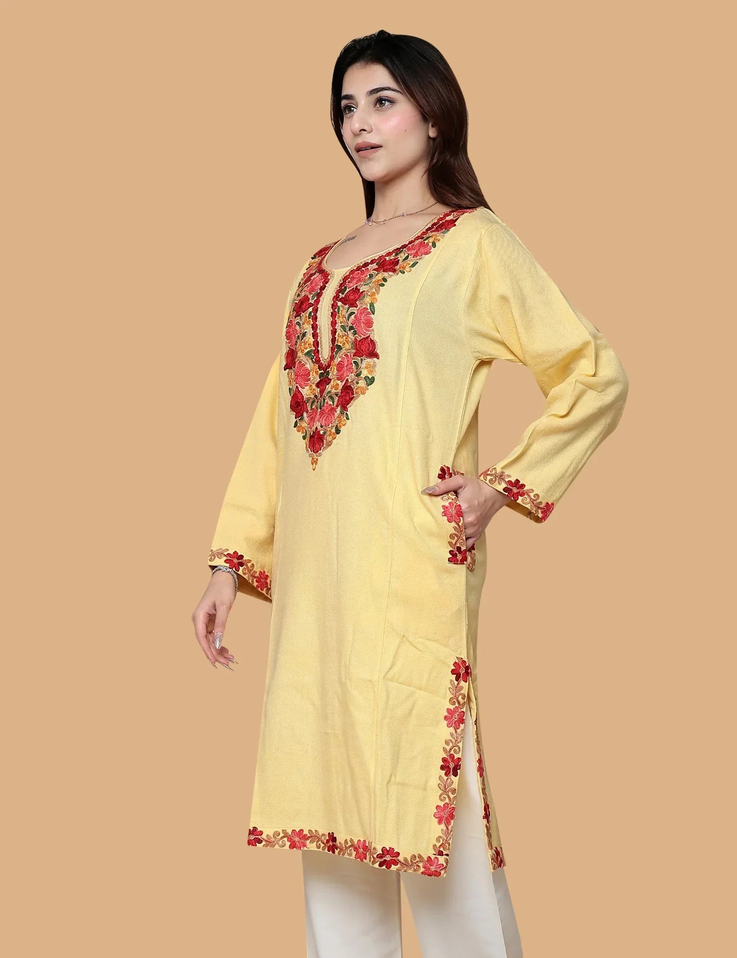 YELLOW KASHMIRI WOOLEN PHIRAN
