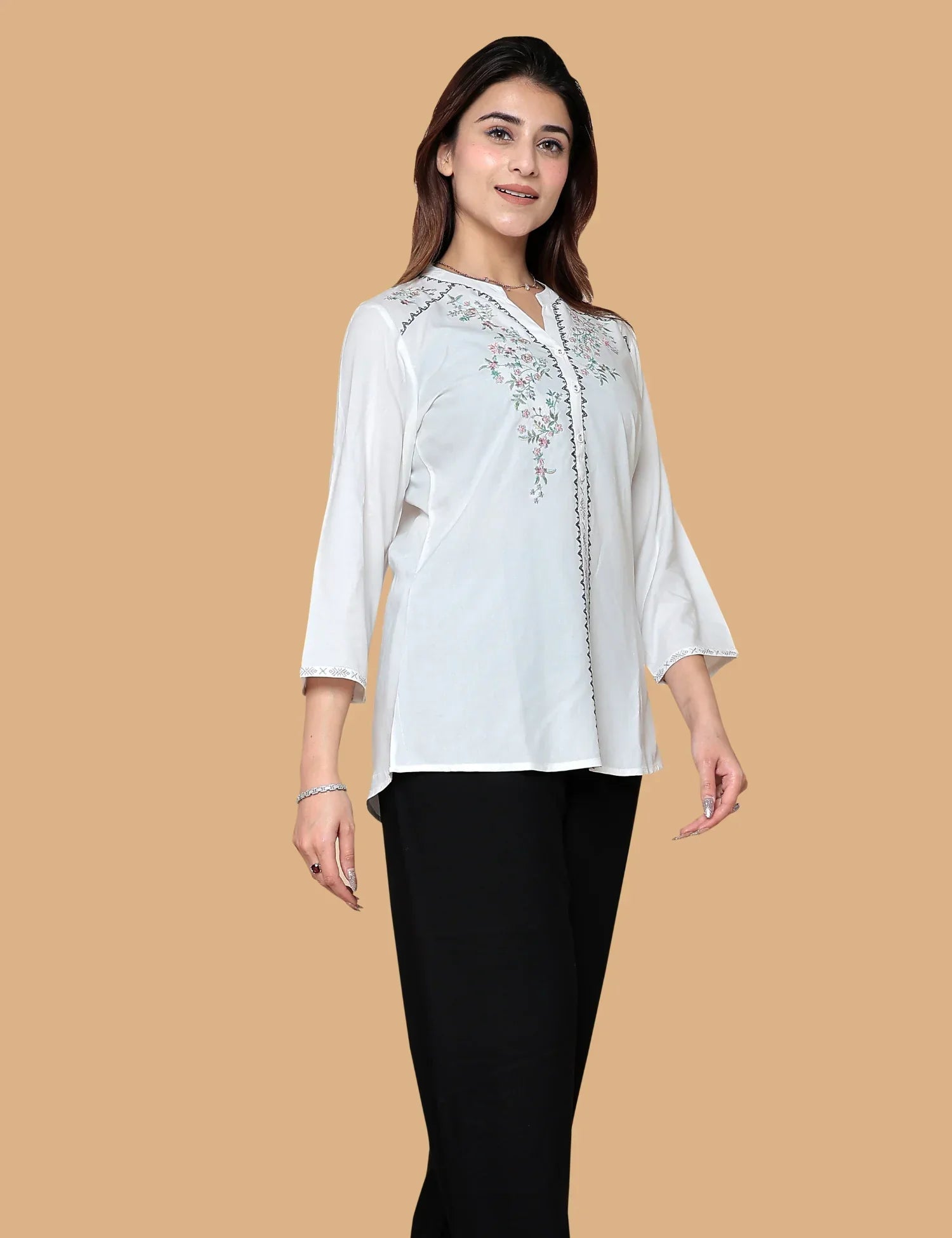 WHITE EMBROIDERY COTTON SHORT KURTI