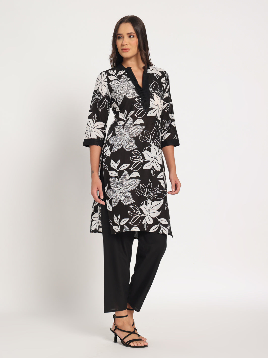 Black printed cotton two set kurta