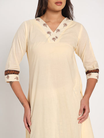 Cream white embroidered cotton two set kurta