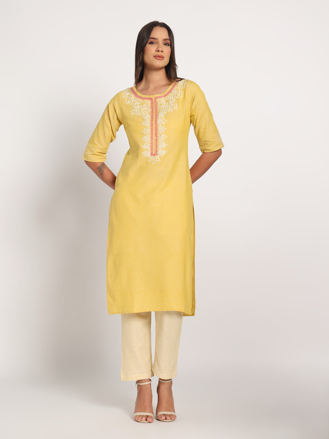 Yellow Hand Embroidered Long Kurti