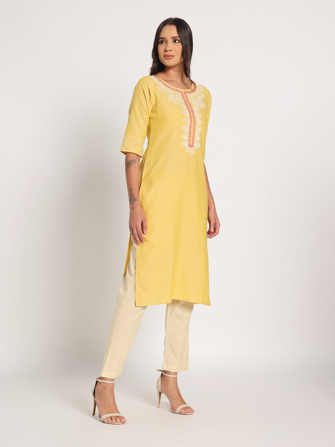 Yellow Hand Embroidered Long Kurti