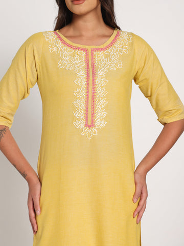 Yellow Hand Embroidered Long Kurti