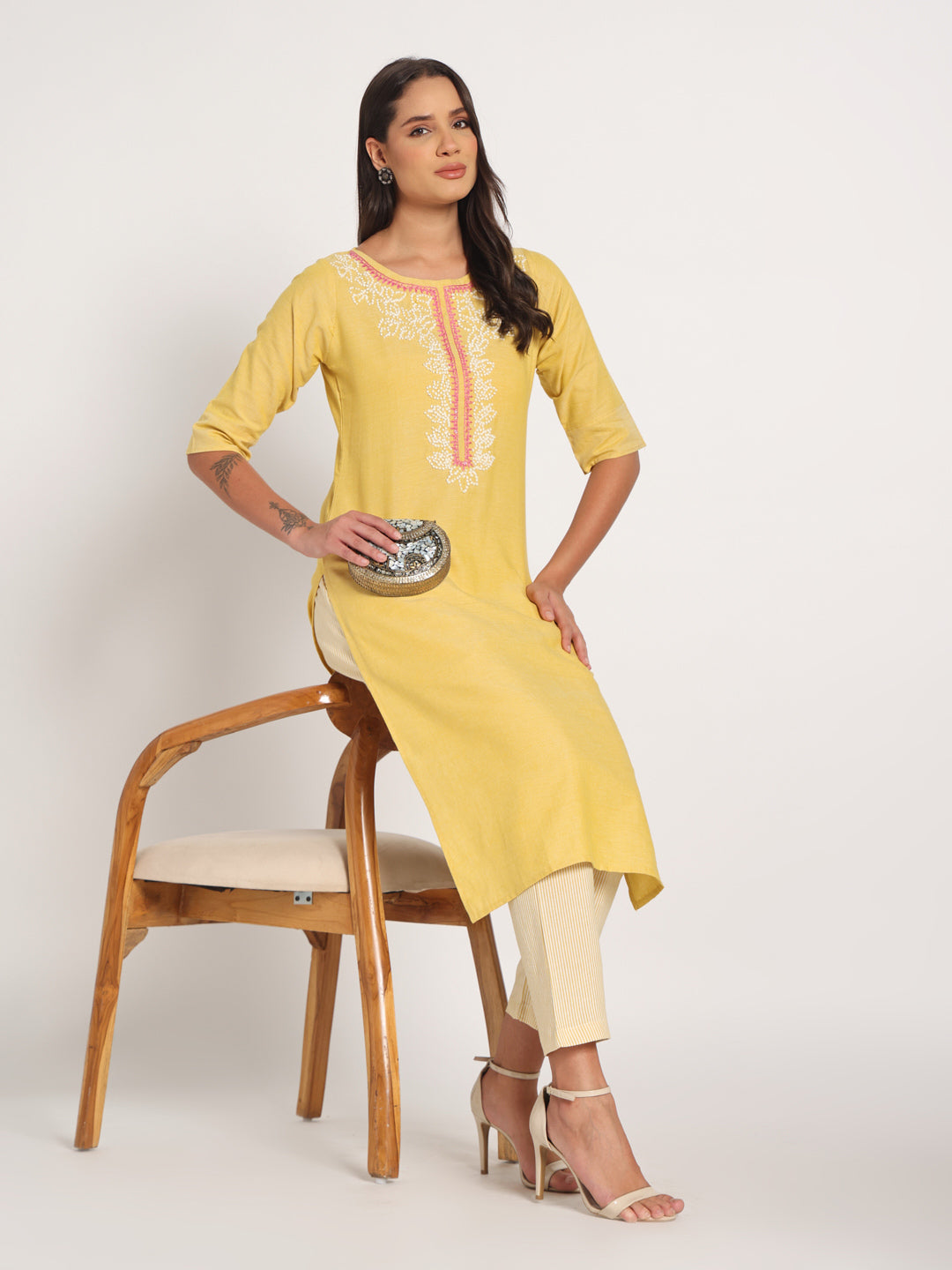 Yellow Hand Embroidered Long Kurti