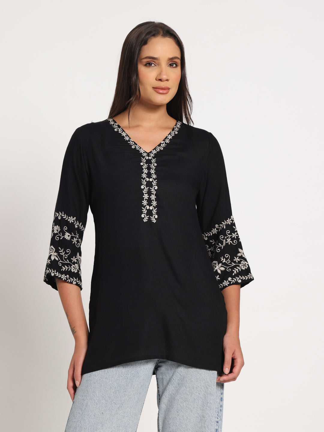 Black Embroidered Short Kurti
