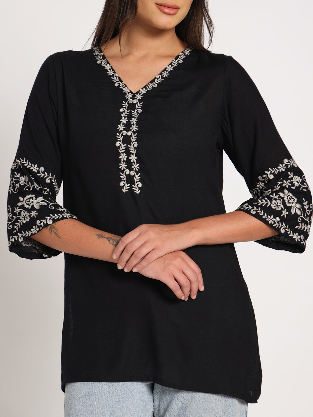 Black Embroidered Short Kurti