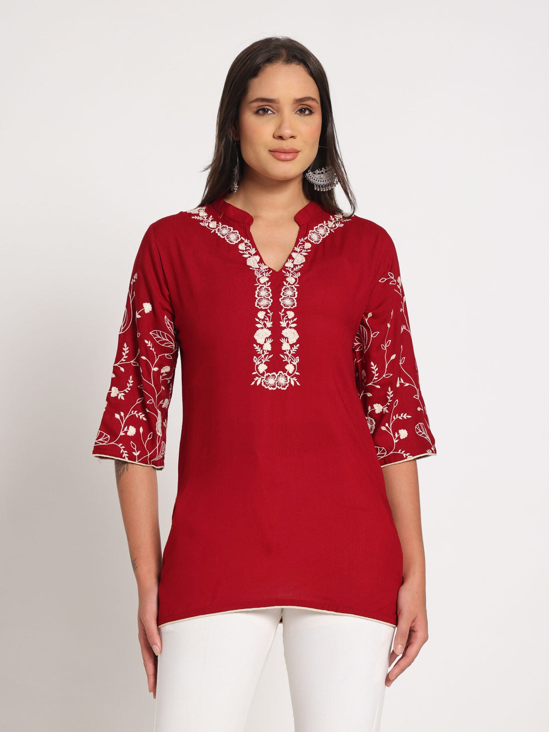 Red Embroidered Short Kurti