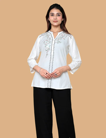 WHITE EMBROIDERY COTTON SHORT KURTI