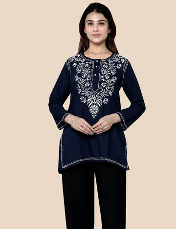 ELEGENT NAVY BLUE SHORT EMBROIDERED KURTI