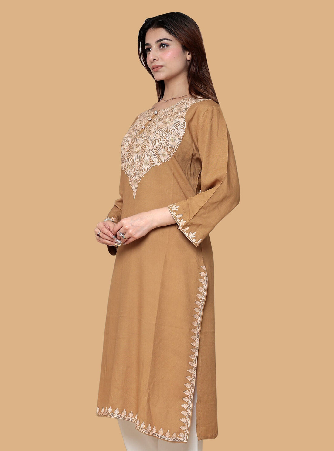 Golden Brown Embroidered Kurti