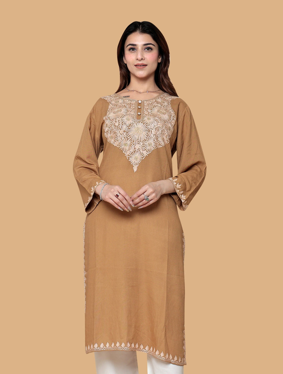 Golden Brown Embroidered Kurti