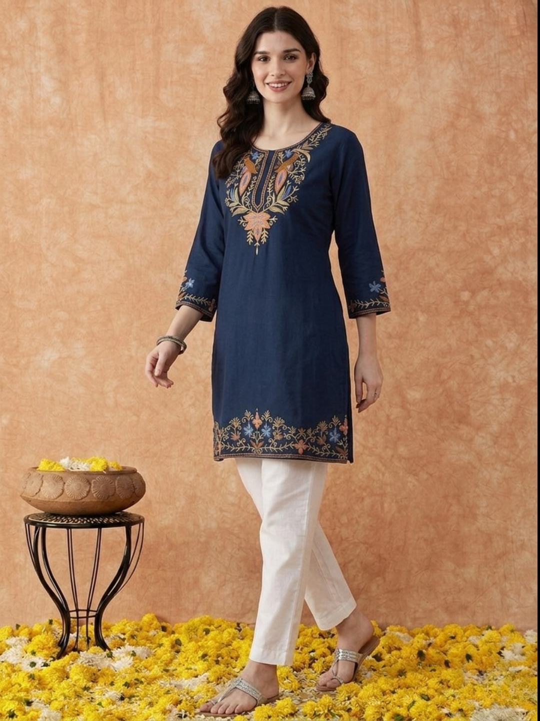 Navy Blue Embroidered Kurti