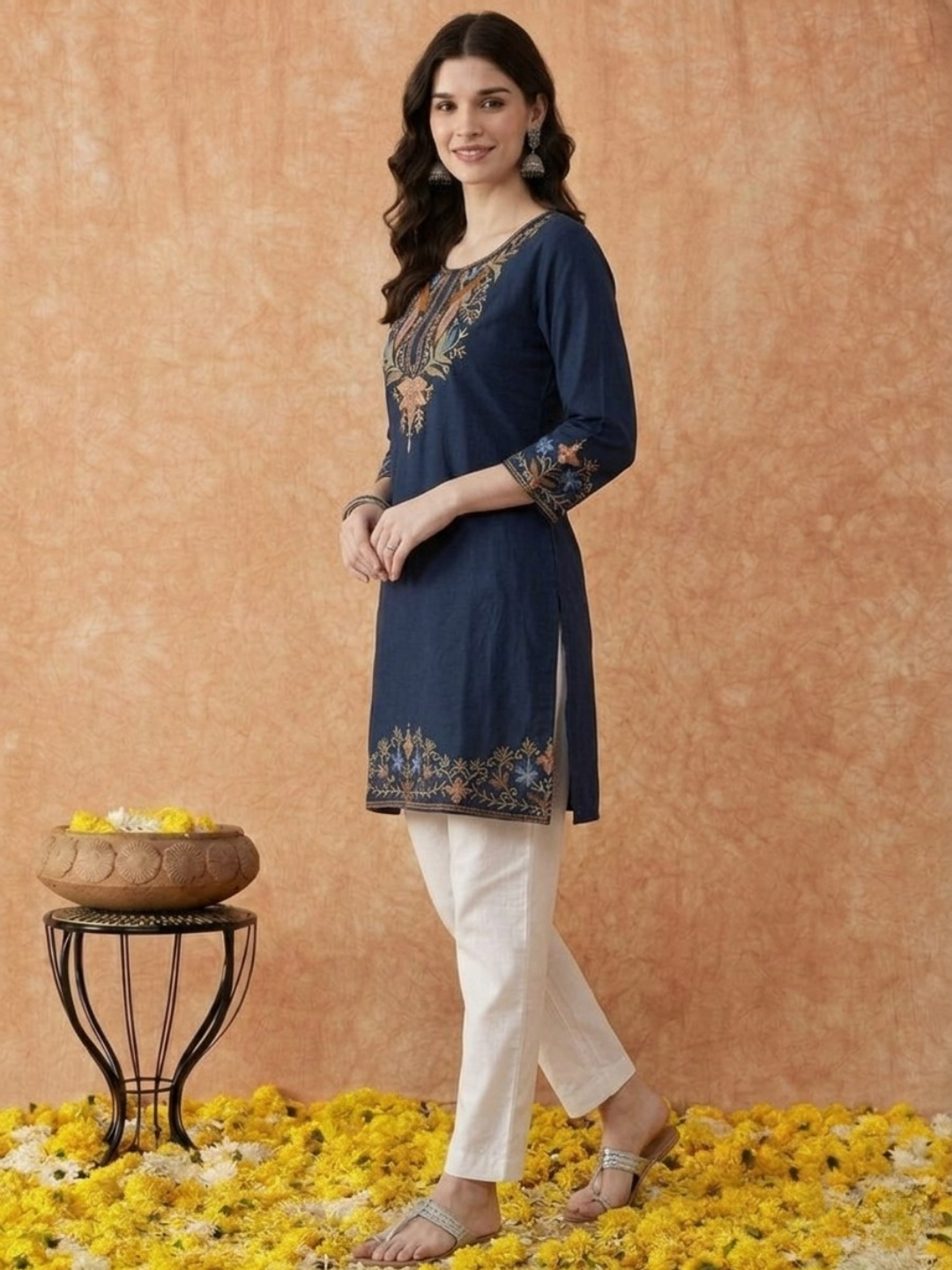 Navy Blue Embroidered Kurti