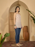 White Floral Sleeveless Kurti in Pure Cotton for Women