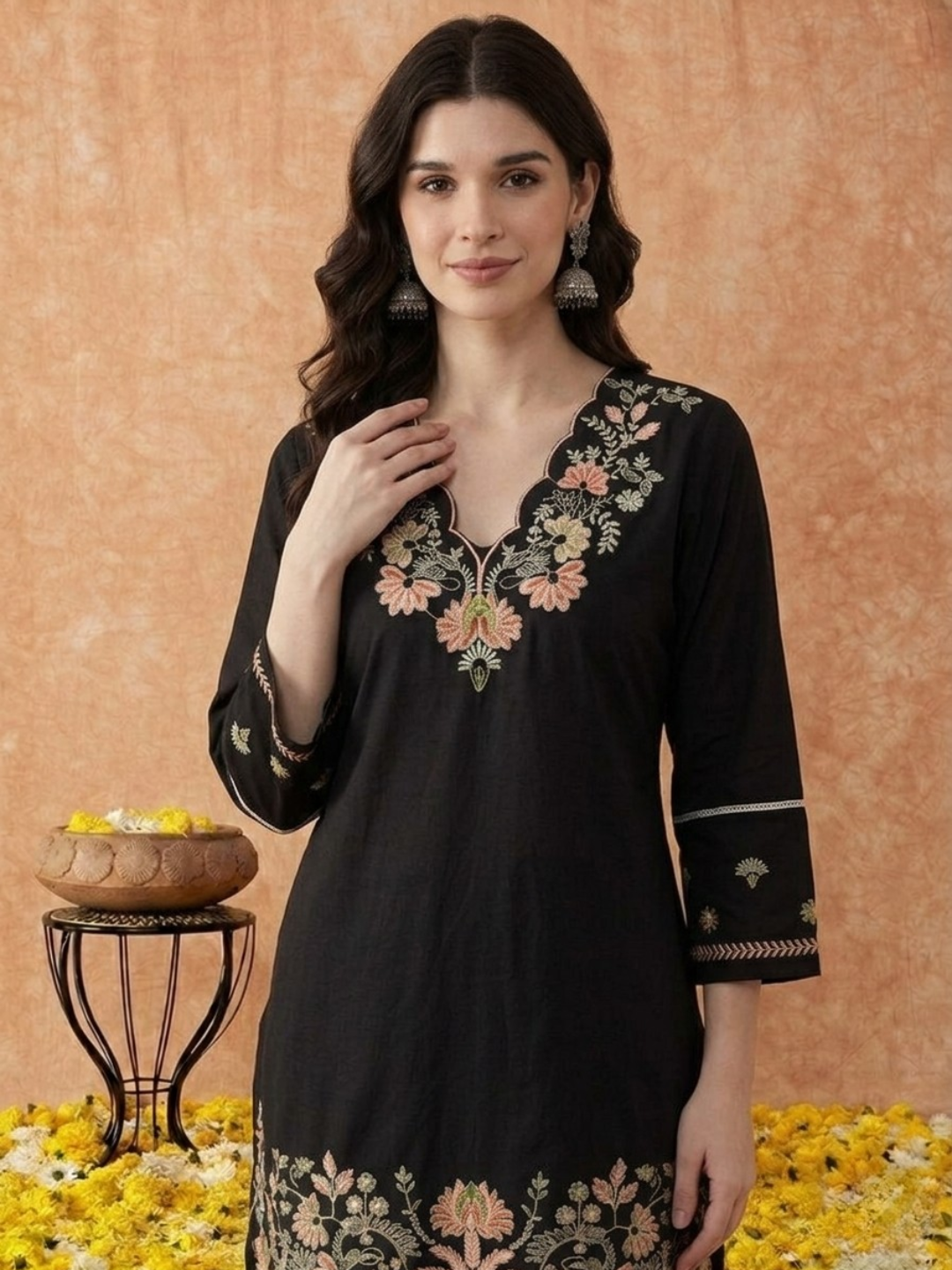 Black Embroidered Cotton Dress Set