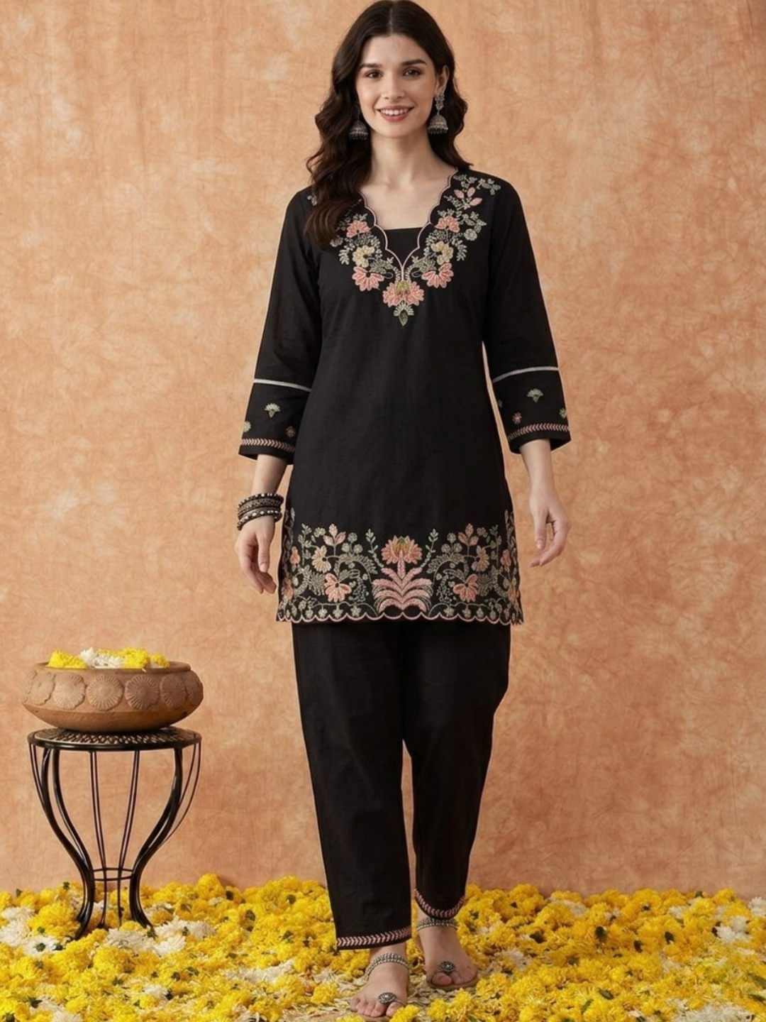 Black Embroidered Cotton Dress Set