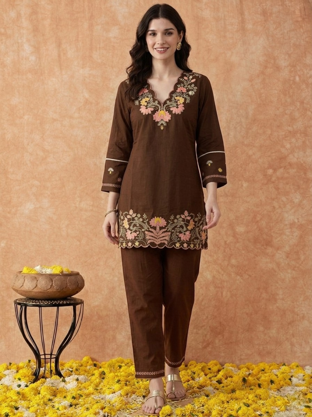Brown Cotton Embroidery 2 Set