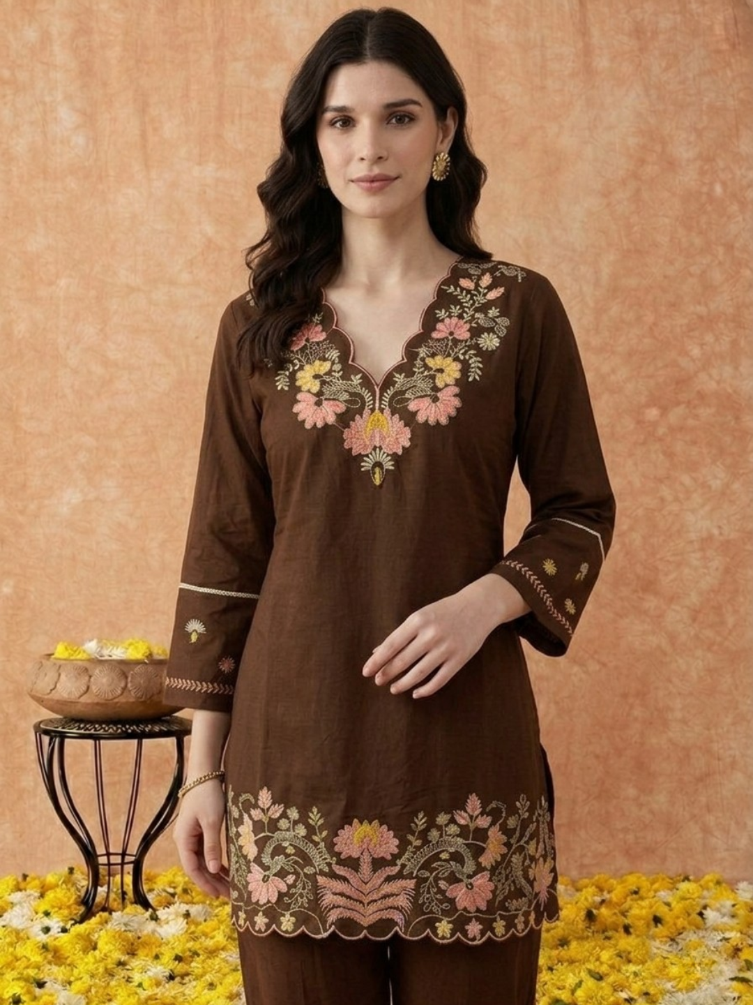Brown Cotton Embroidery 2 Set