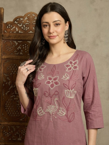Mauve Pure Cotton Cord Set with Hand Embroidery
