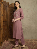 Mauve Pure Cotton Cord Set with Hand Embroidery