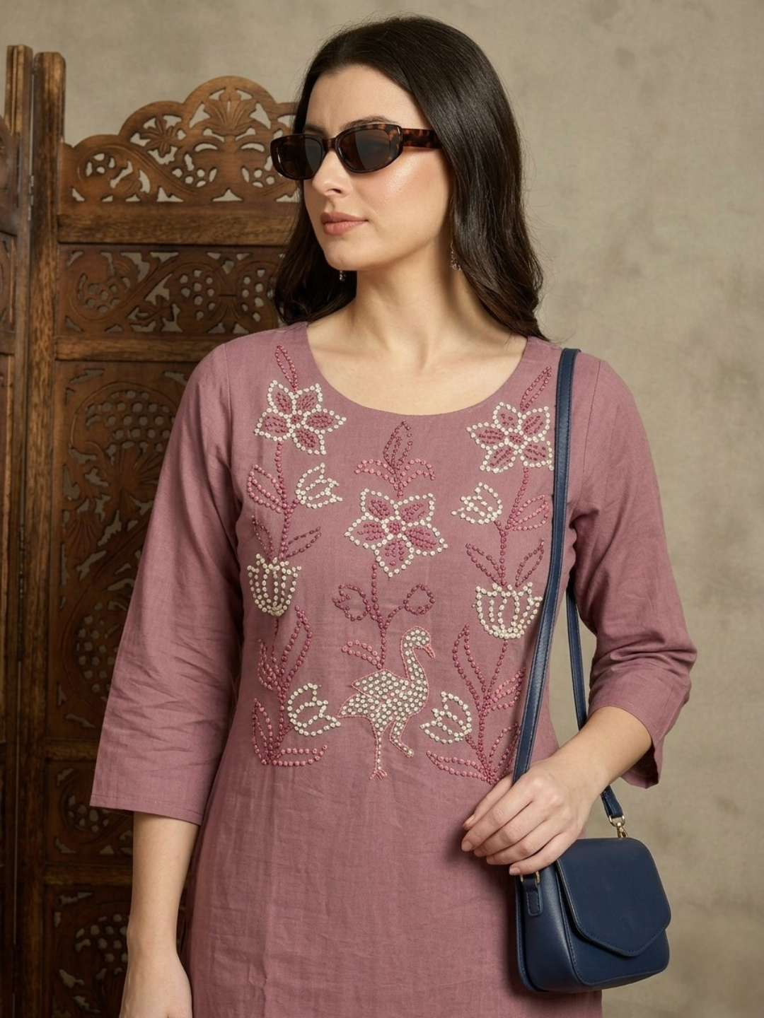 Mauve Pure Cotton Cord Set with Hand Embroidery