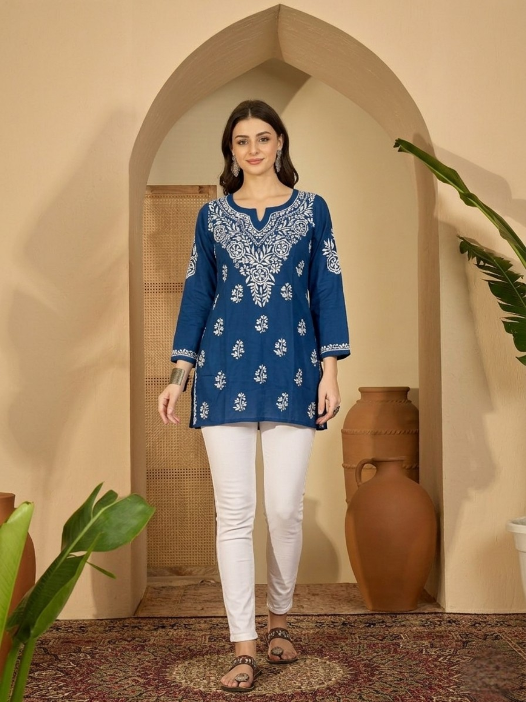 Royal Blue Embroidered Cotton Kurti