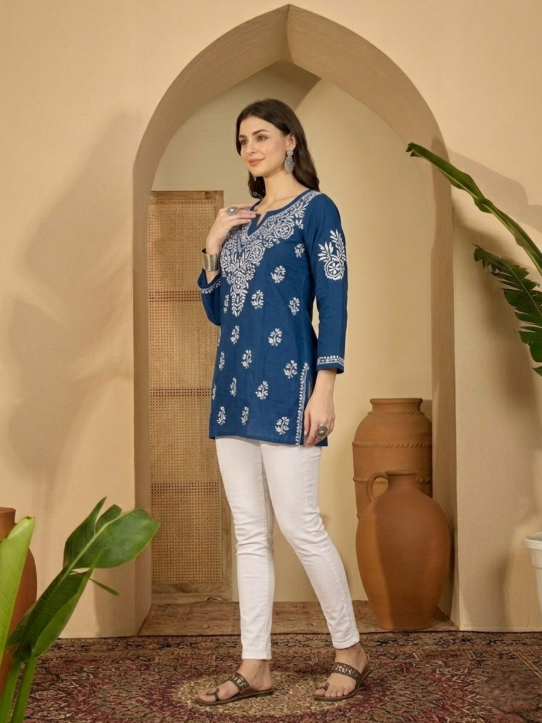 Royal Blue Embroidered Cotton Kurti