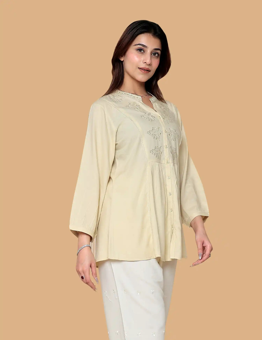 Cream Embroidered Short Kurti