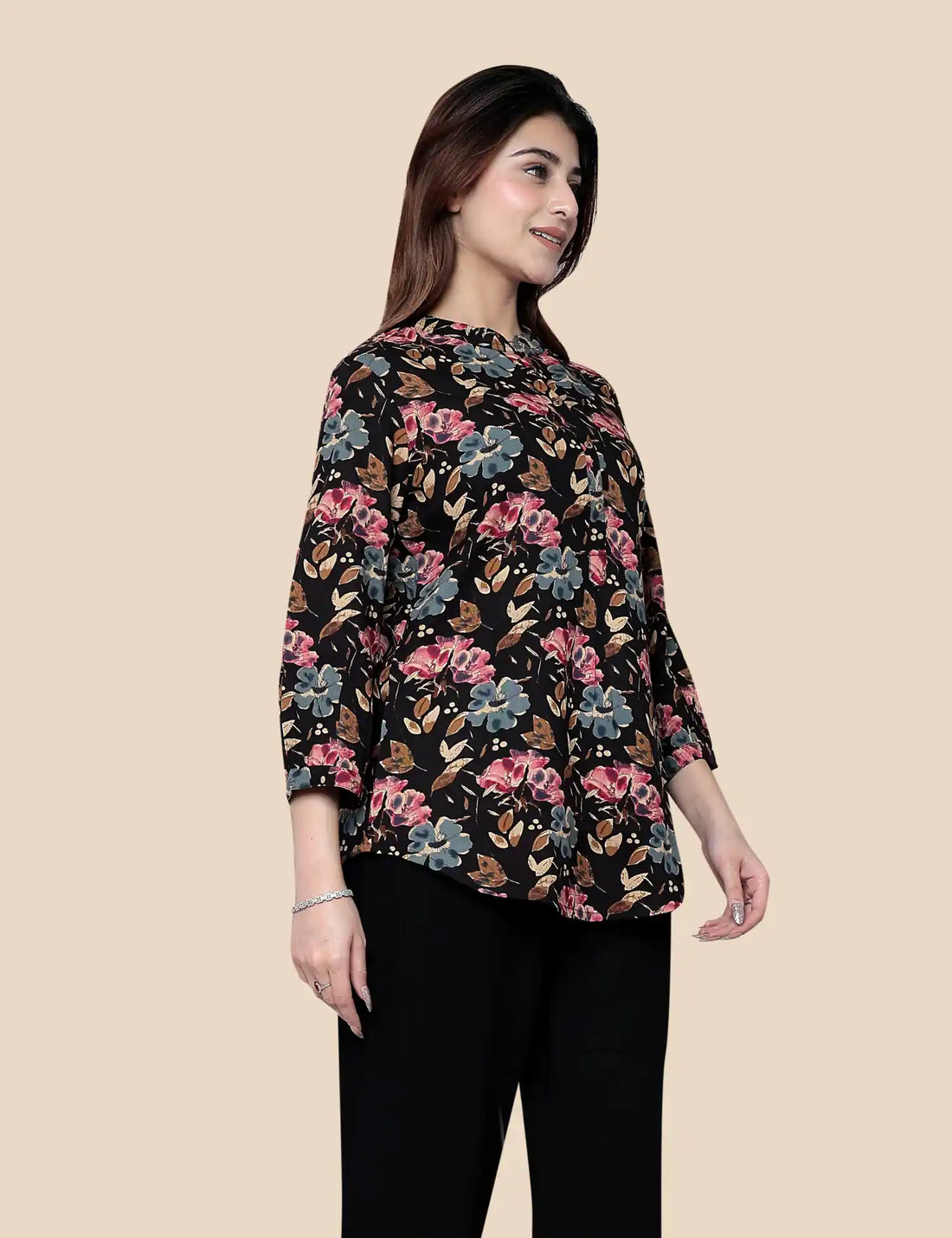 Black Multi Floral Printed Cotton Short Kurti