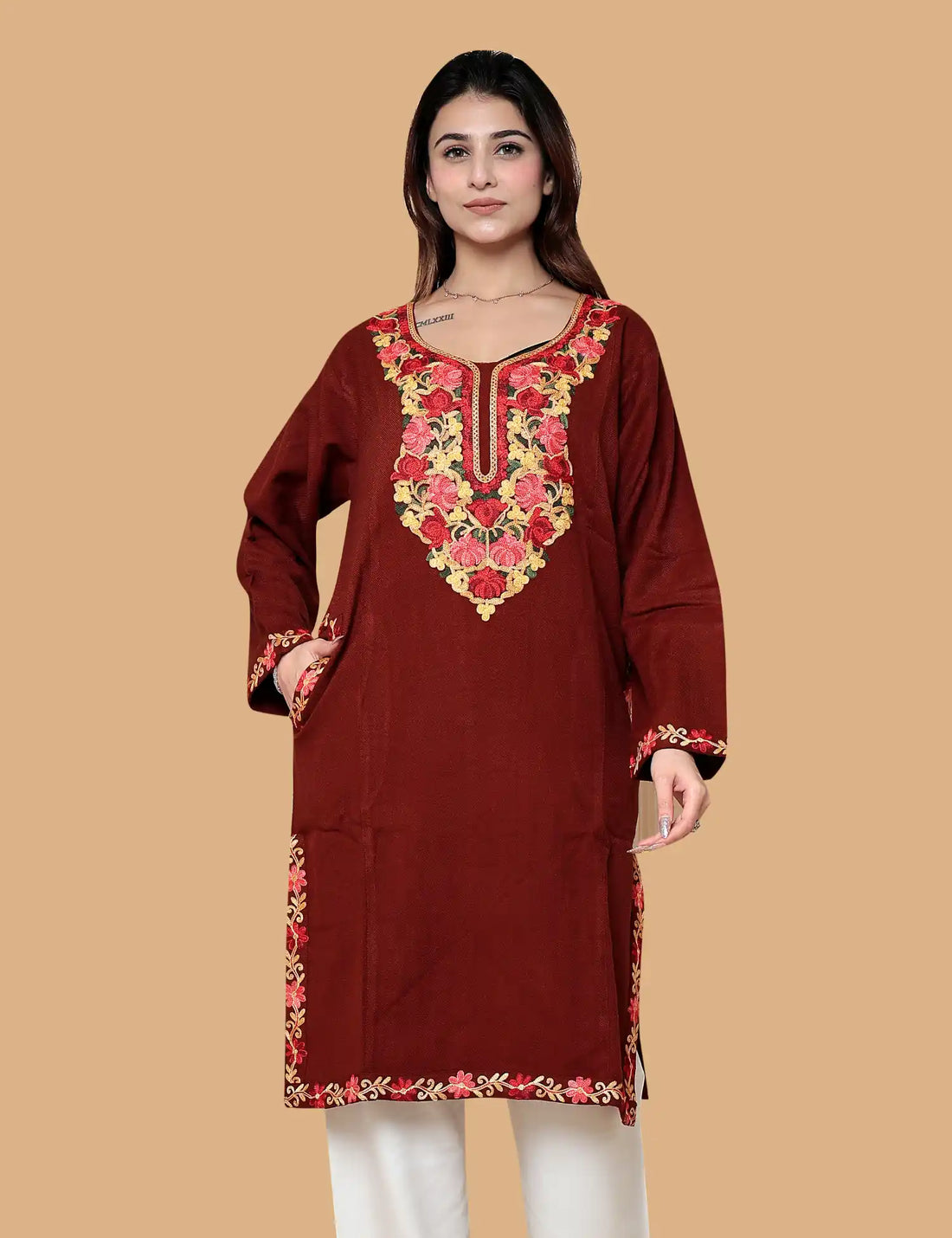 RED WOOLEN PHIRAN WITH KASHMARI AARI EMBROIERY