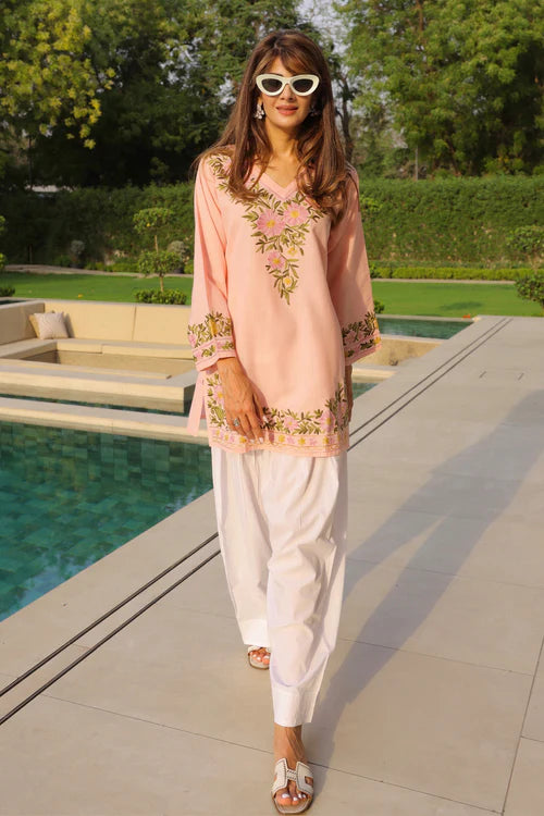 Neha x HOK in Cotton Kurta Set in Kashmiri Aari - Pastel Yellow